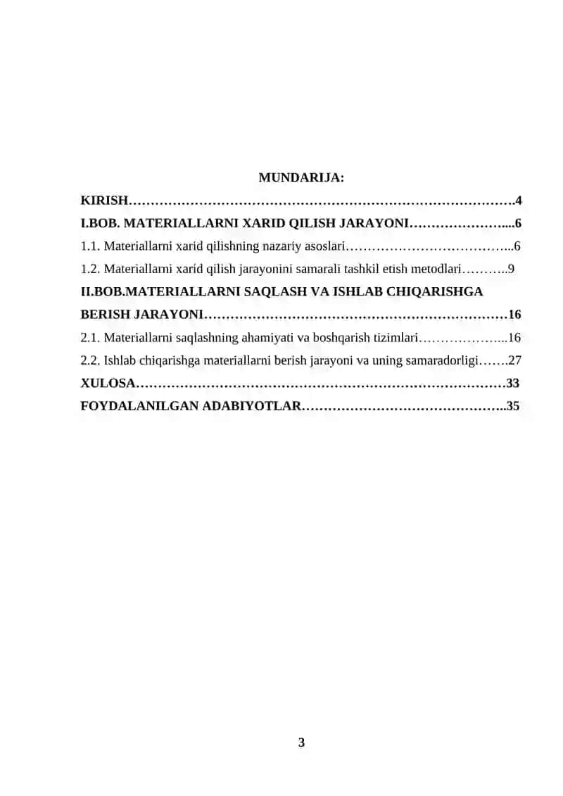Materiallarni xarid qilish, saqlash va ishlab chiqarishga berish 3