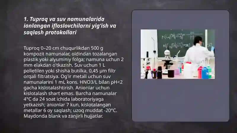 Tuproq va suvning ifloslanishida ion bog'lanishli birikmalarni aniqlab, ulardan tozalash usulini ishlab chiqish 3