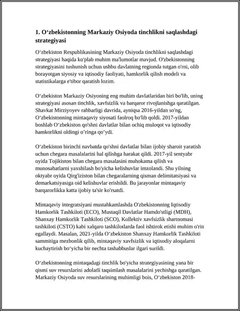 Oʻzbekistonning Markaziy Osiyoda tinchlikni saqlashdagi strategiyasi 3