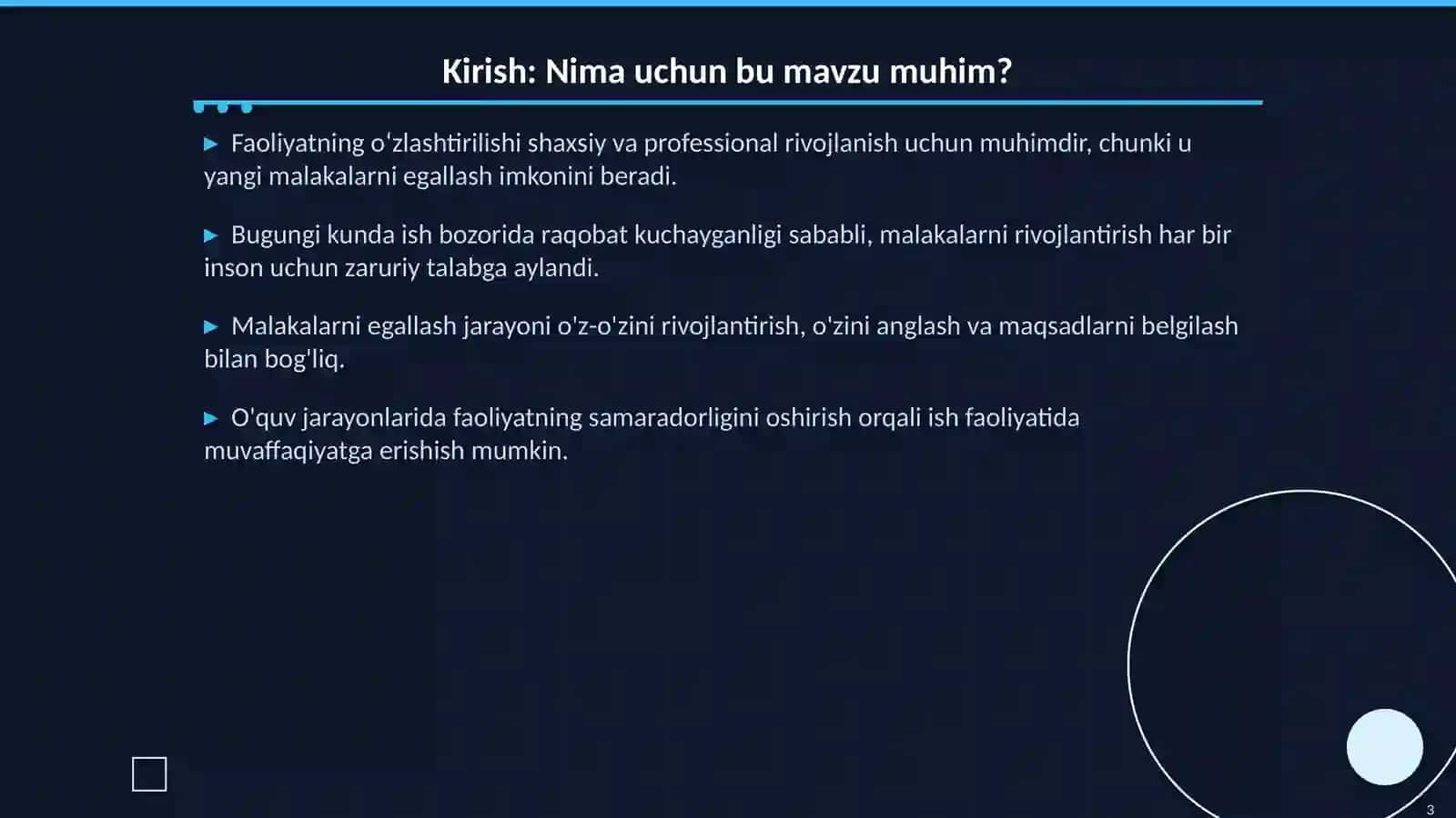 Faoliyatining oʻzlashtirilishi va malakalarni egalash 3