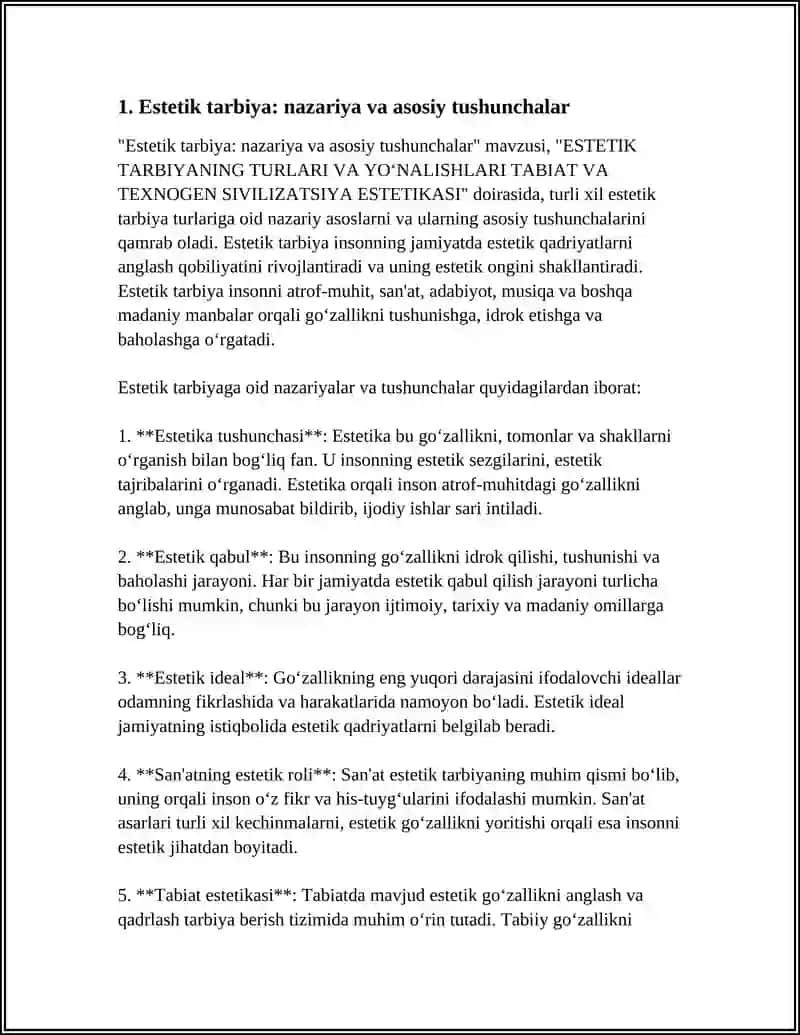 ESTETIK TARBIYANING TURLARI VA YOʻNALISHLARI TABIAT VA TEXNOGEN SIVILIZATSIYA ESTETIKASI 3