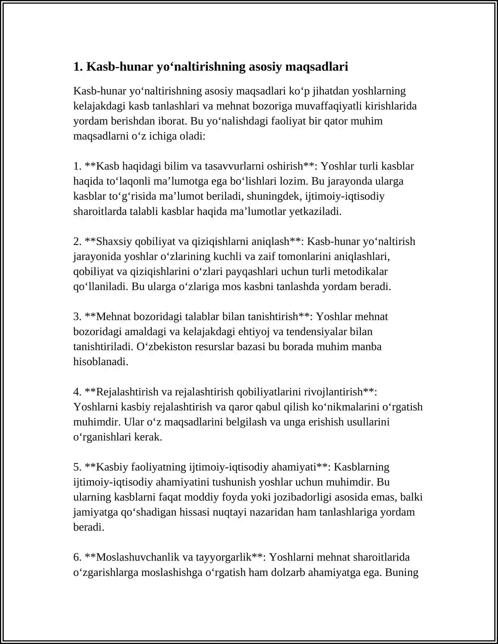 KASB-HUNARGA YO‘NALTIRISH FANINING MAQSAD VA VAZIFALARI NIMALARDAN IBORAT 3