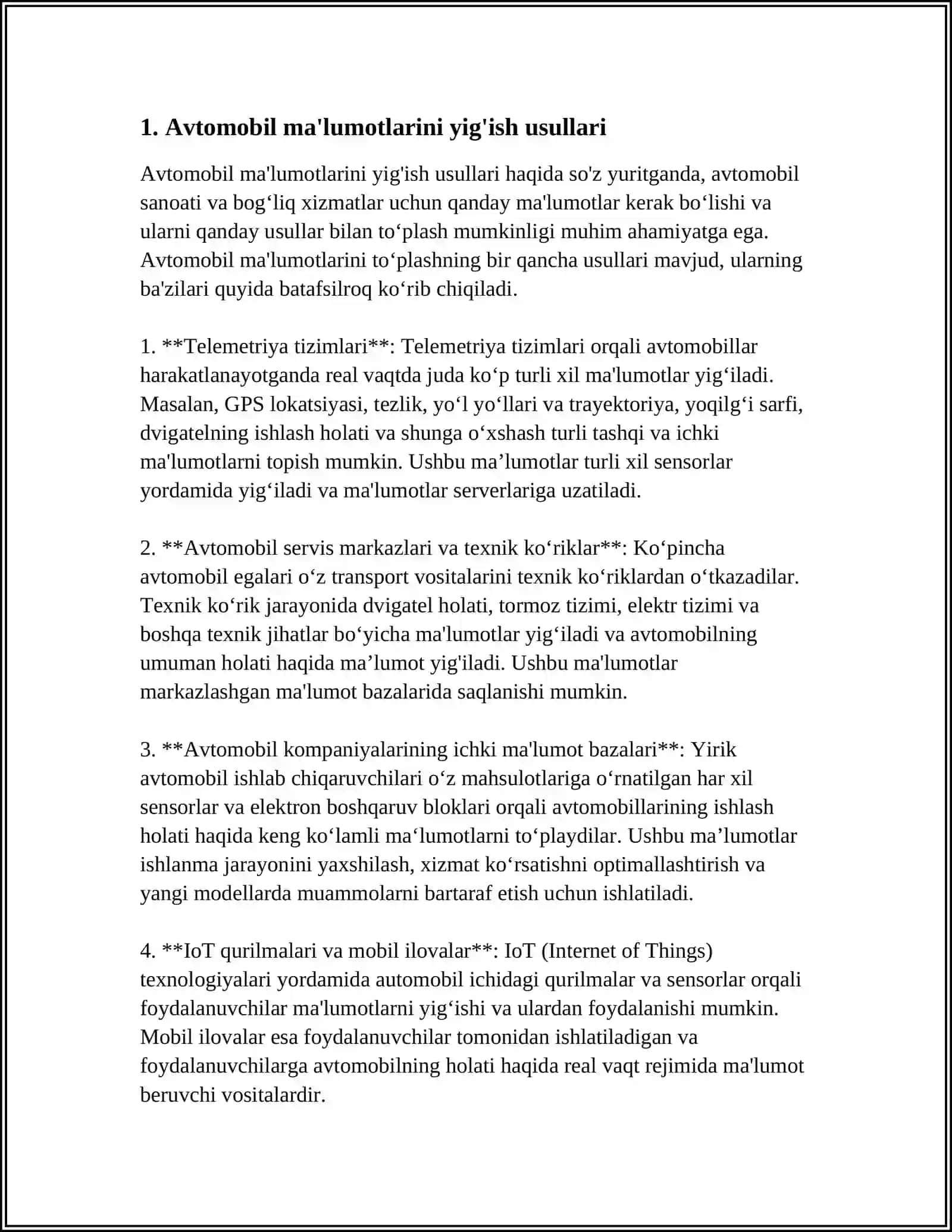 AVTOMOBIL MALUMOTLARINI TAHLIL QILISH: BAXTSIZ XODISALARNI BASHORAT QILISH VA TEXNIK XIZMAT KORSATISH 3