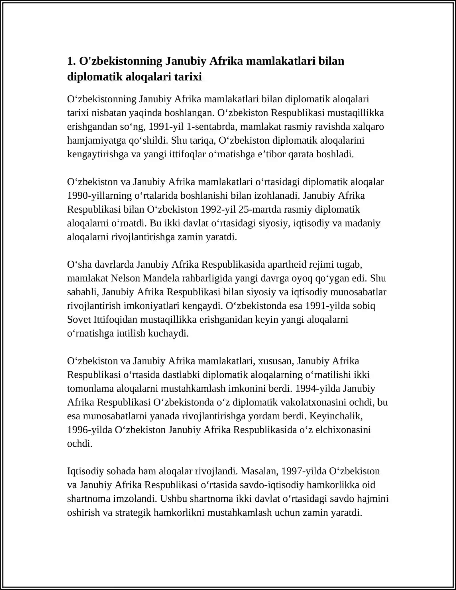 Òzbekiston va Jahon Jamiyati (Janubiy Afrika Mamlakatlari Xalqaro Diplomatik Aloqalar Misolida) 3