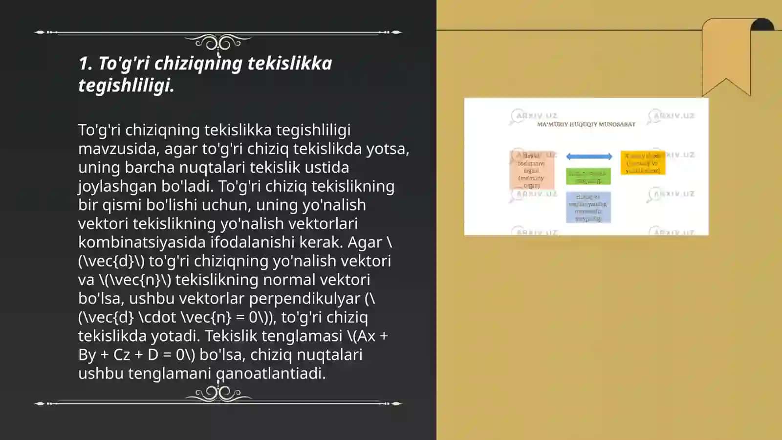 To'g'ri chiziq va nuqtaning tekislikka tegishlilik shartlar 3