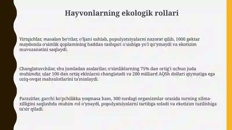 Hayvonlarning ekologik roʻllari va muhofaza qilish muammolari. Zoogeografiya asoslari 3