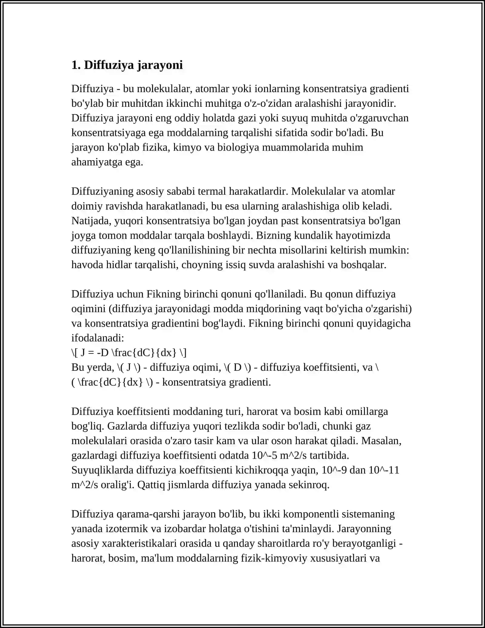 KOʻCHISH HODISALARI. DIFFUZIYA, ISSIQLIK OʻTKAZUVCHANLIK VA QOVUSHQOQLIK. FAZOVIY OʻTISHLAR 3