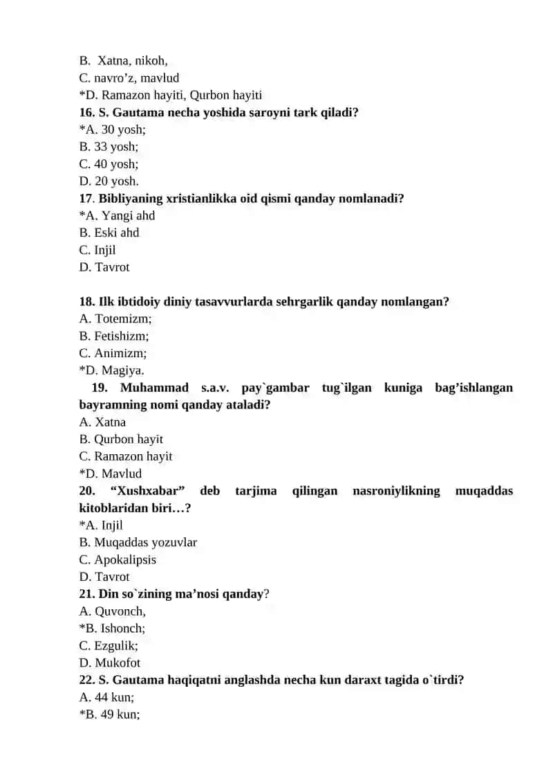 Dinshunoslik 100 ta test javoblari. 3