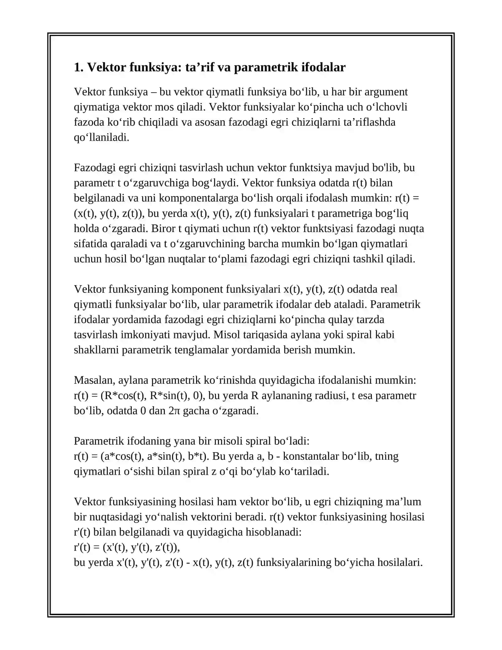 VEKTOR FUNKSIYA VA FAZODAGI EGRI CHIZIQLARI 3