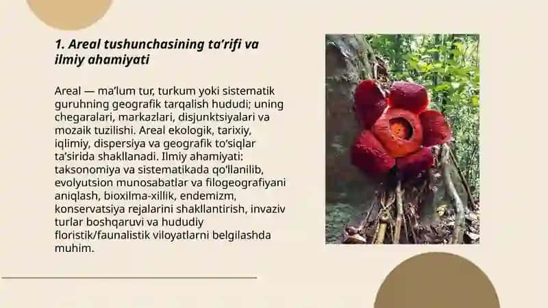 Areal tushunchasining tur, turkum va sistematik guruhlarning geografik harakteristkasi ekanligi. 3