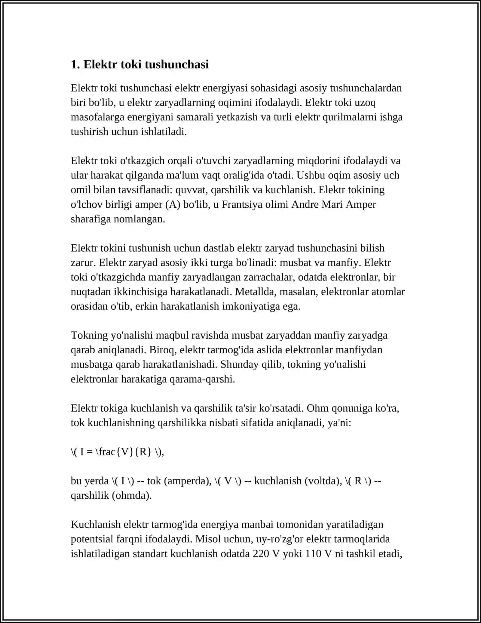 ELEKTR TOK, KUCHLANISH, QUVVAT VA QARSHILIK HAQIDA MA’LUMOT VA SXEMALARI 3