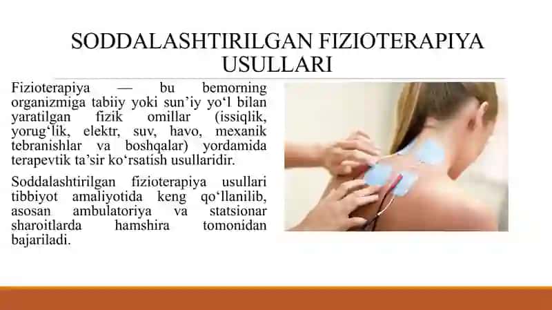 SODDALASHTIRILGAN FIZOTERAPIYA USULLARI.GIRUDOTERAPIYA OKSIGENATERAPIYA INGALYATSIYA VA AJRALMALARNI SO'RIB OLISHDA BEMORGA HAMSHIRALIK PARVARISHI 3