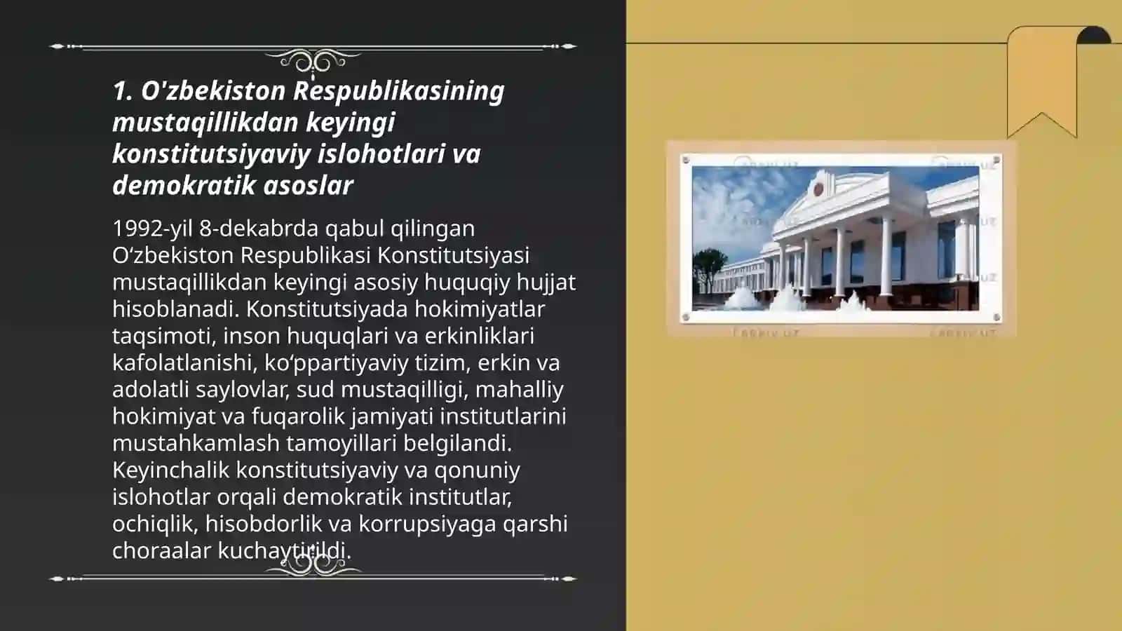 O'zbekistonda demokratik fuqarolik, jamiyati asoslarining shakllanishi, amalga oshirilgan siyosiy islohotlar 3