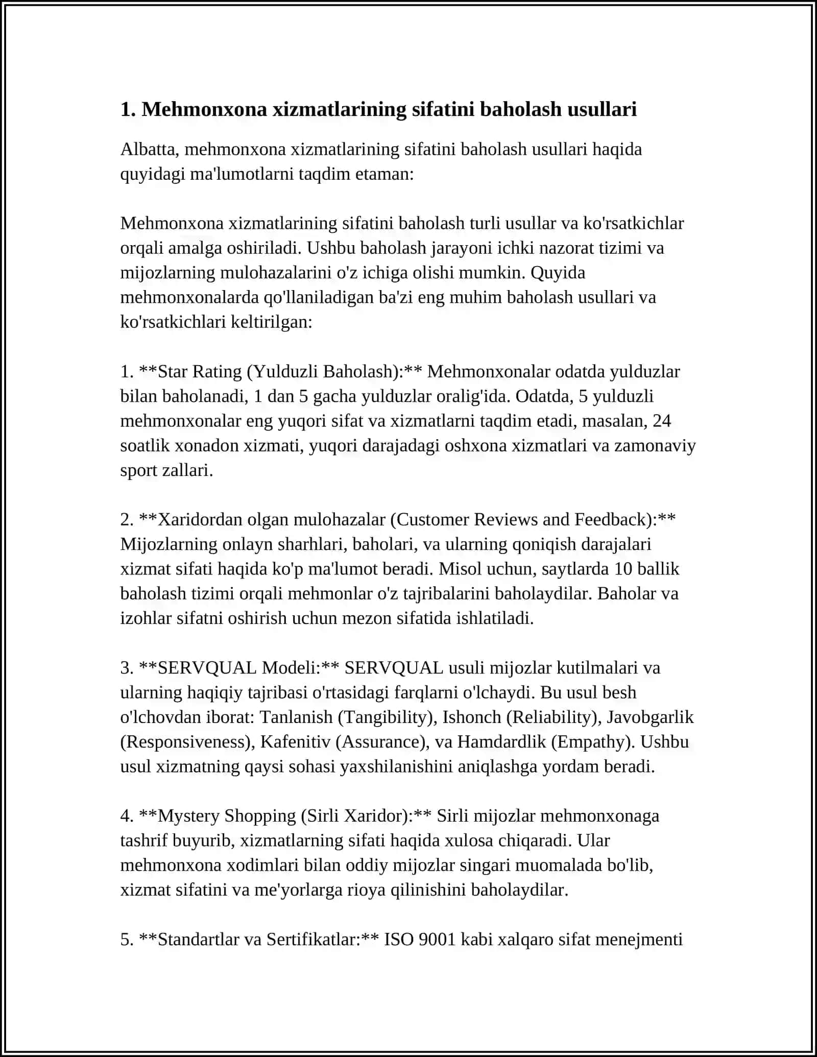 TURIZM VA MEHMONXONA XIZMATLARINING SIFATNI MONITORING QILISH VA BAHOLASH USULLARI 3