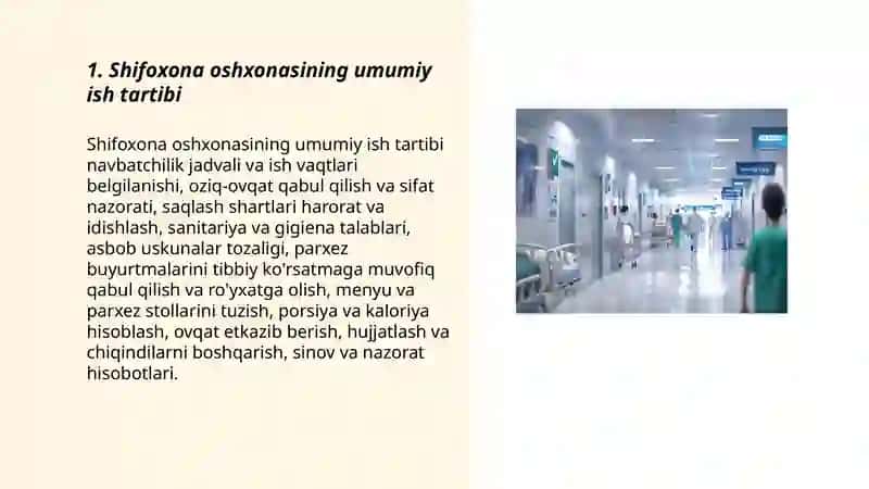 Shifoxonaning oshxona ish tartibi bilan tanishish, tarkatma, parxez stollari. Parxez stollarini tuzish va buyurish. 3