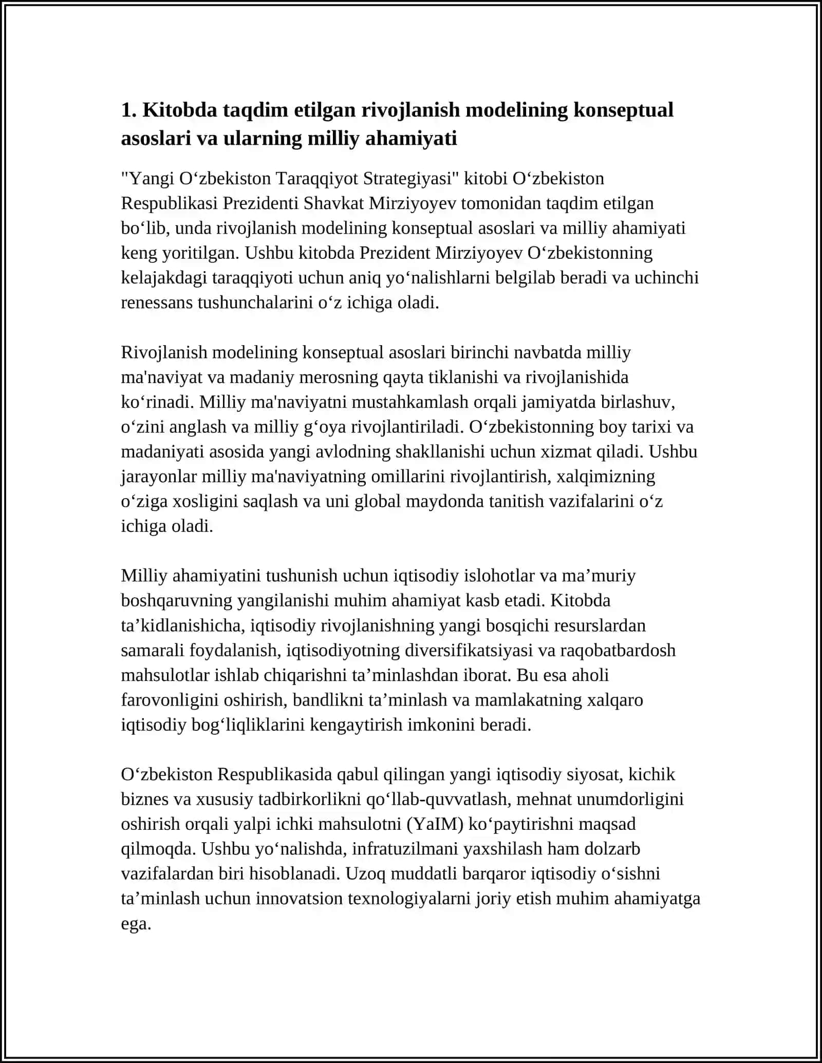 O‘ZBEKISTON RESPUBLIKASI PREZIDENTI SH.M.MIRZIYOYEVNING "YANGI O‘ZBEKISTON TARAQQIYOT STRATEGIYASI" KITOBIDA RIVOJLANISH MODELI VA UCHINCHI RENESSANS TUSHUNCHALARI TALQINI AKS ETTIRILGAN ESSE YOZISH 3