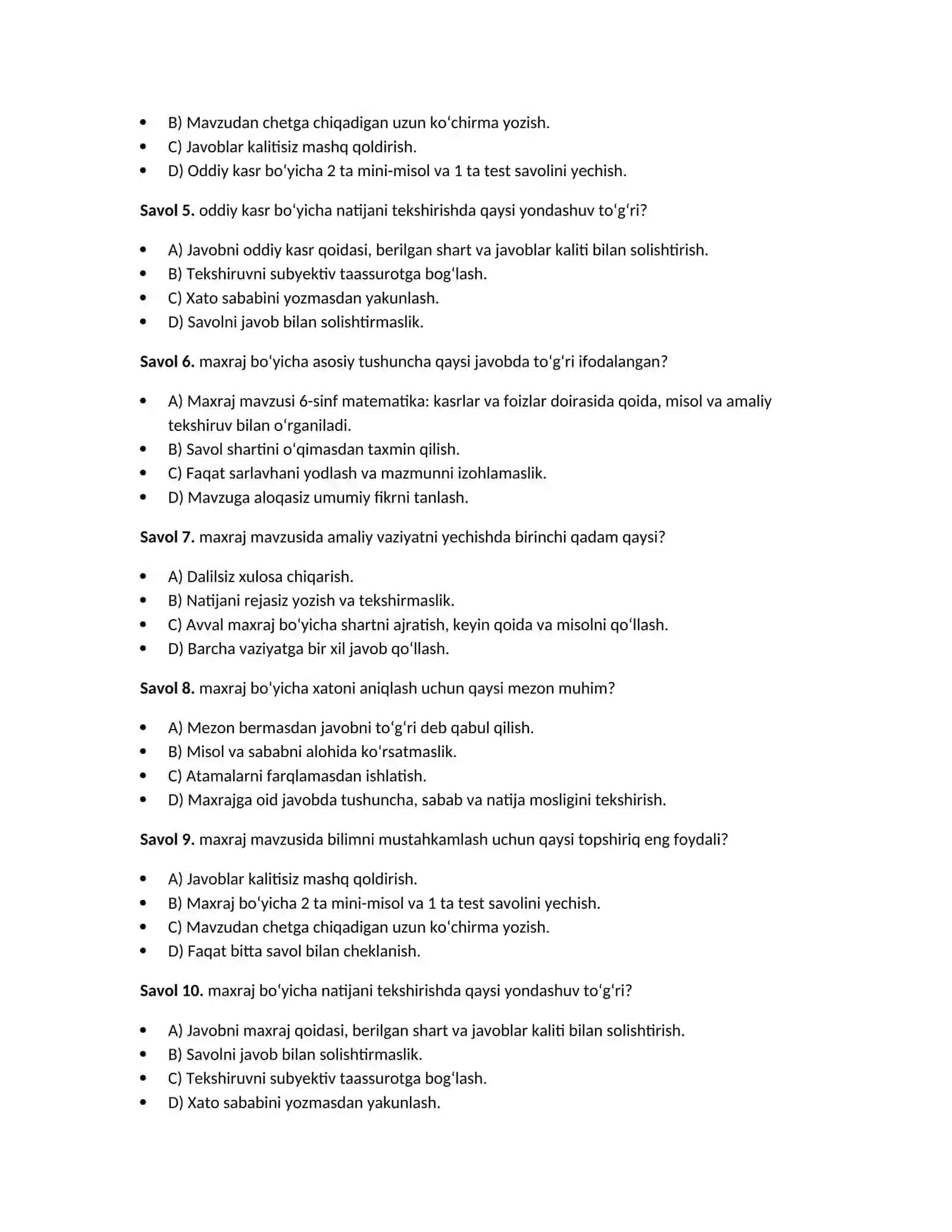 6-sinf matematika: kasrlar va foizlar — 100 test 3