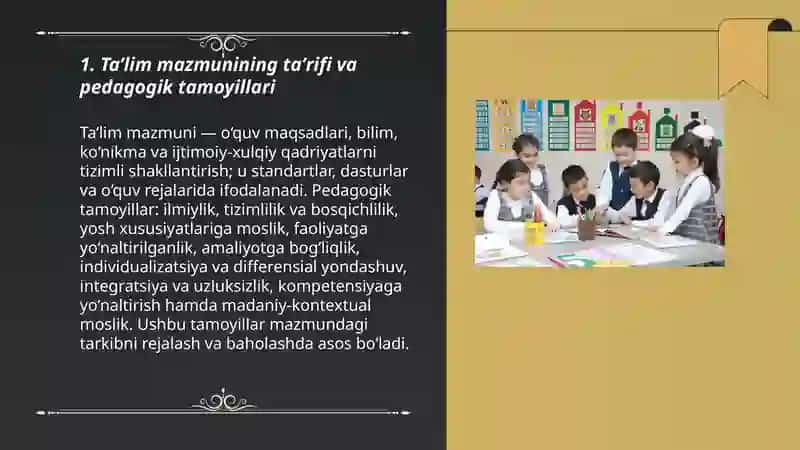 Ta’lim mazmuni. Ta’lim metodlari va vositalari. Professional ta’lim tizimi mazmuni 3