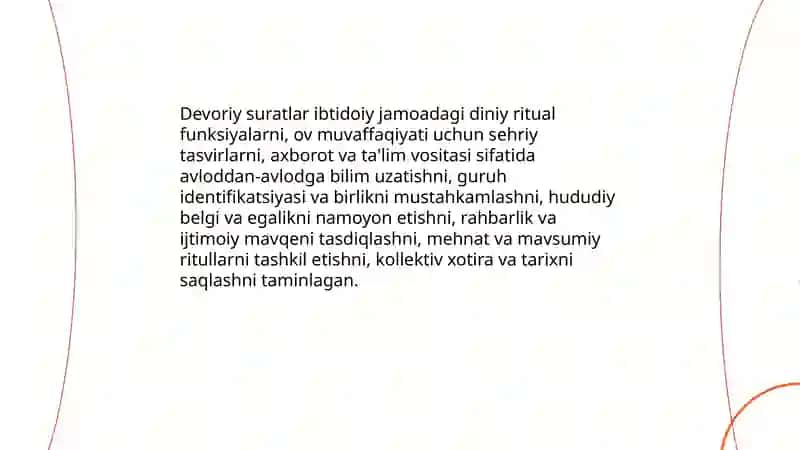 İbtidoiy jamoa tuzumi davri sanʼatida devoriy suratlar, qoyatoshlardagi tasvirlarning ahamiyati 3