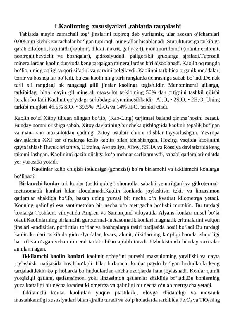 Kaolin rudalarini boyitish texnologiyasi.Boyitmalariga qo’yiladigan texnik talablar 3