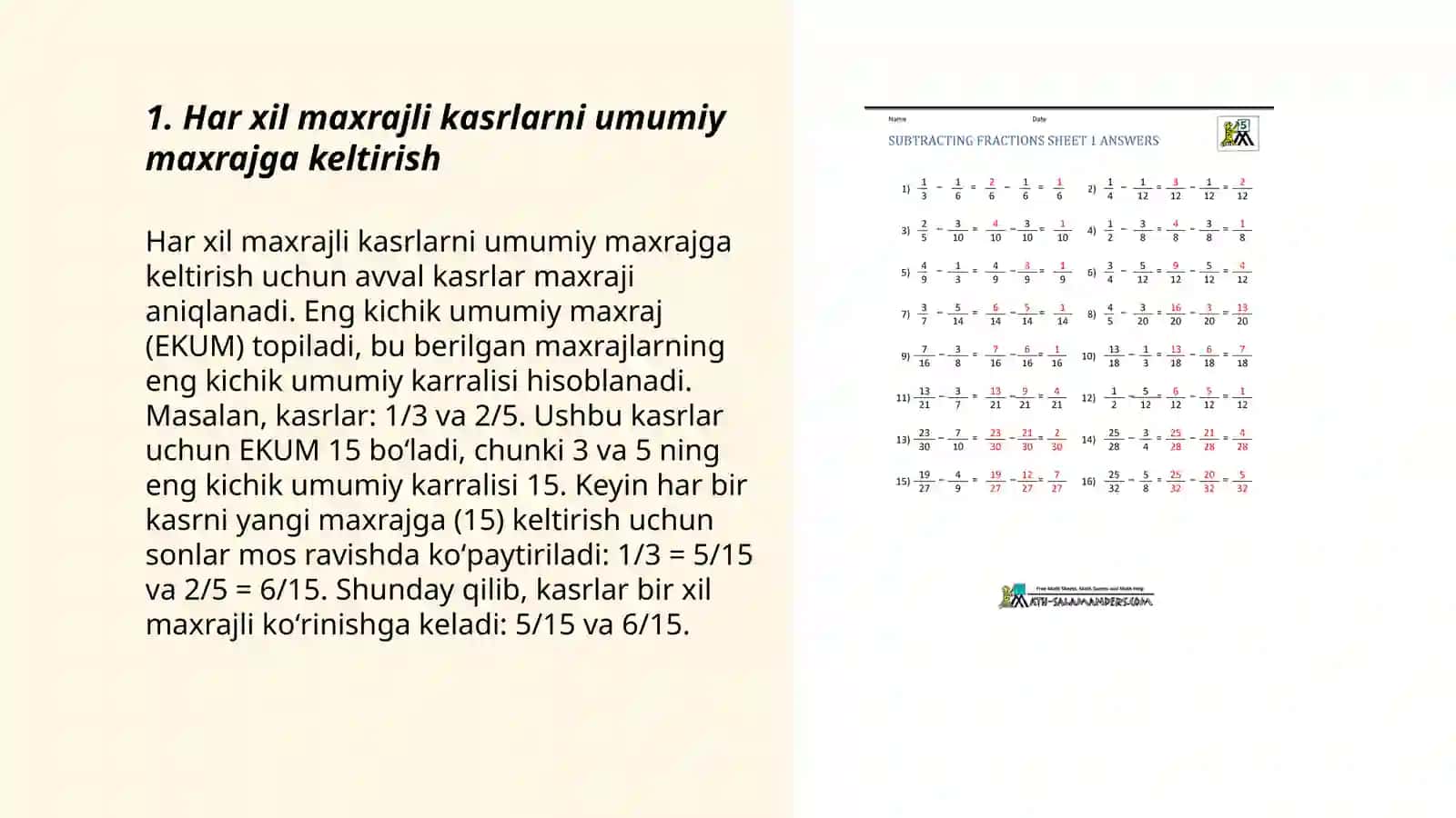 Har xil maxrajli kasrlarni qoʻshish va ayirish 3