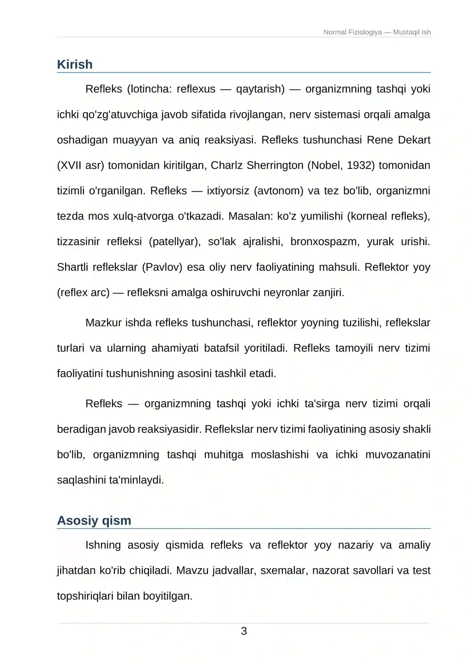 Odam va Hayvonlar Fiziologiyasi - Refleks va Reflektor Yoyi 3