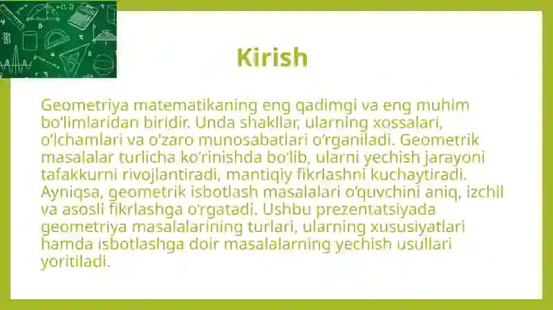Geometrik masalalar turlari. Isbotlashga doir geometrik masalalar 3