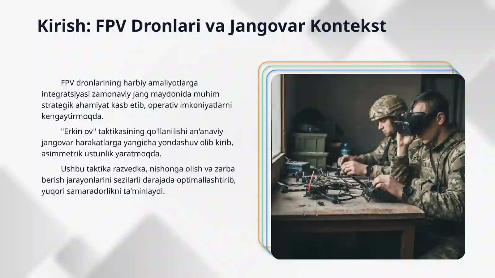 Zamonaviy jangovor harakatlarda FPV dronlarini "Erkin ov" taktik usulida jangovor qóllash tajribalari. 3