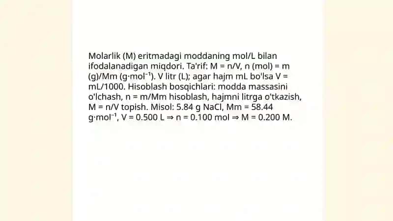 Molarlik (M) tushunchasi va konsentratsiyani mol/L da hisoblash 3