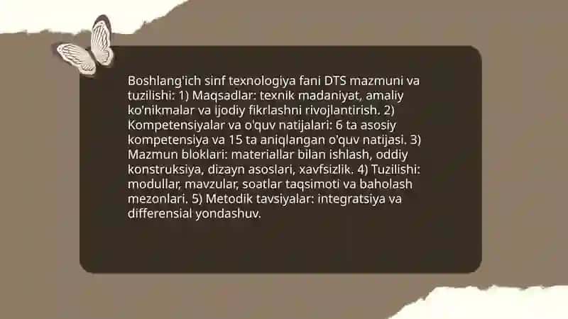 Boshlang'ich sinf texnologiya fani DTS tahlili va òquv fan darsturlarining mazmuni va ularning tahlili 3