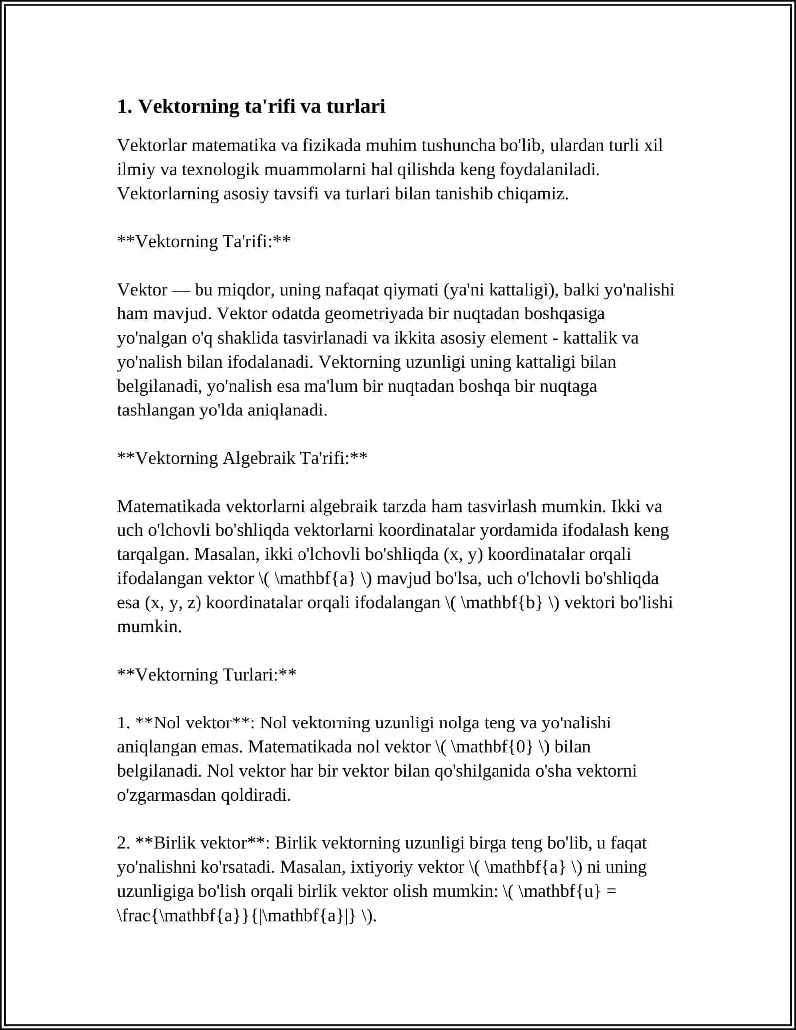 VEKTORLAR VA ULAR USTIDA AMALLAR(VEKTORLARNI QOʻSHISH VA AYIRISH,VEKTORNI UNING KOMPNITENTLARIGA AJRATISH) 3