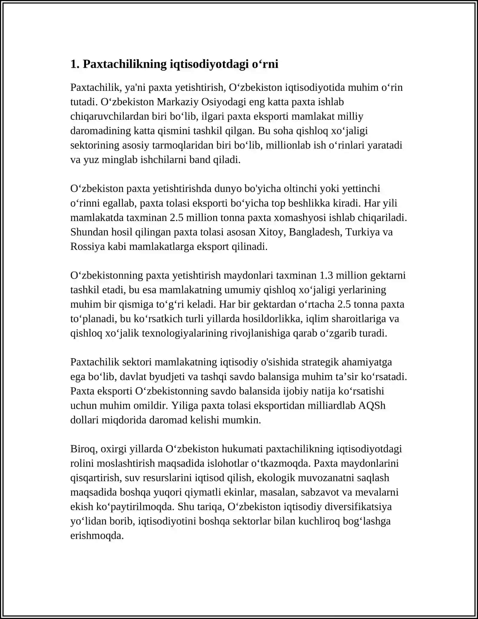 PAXTACHILIKNING XALQ XO'JALIGIDAGI AHAMIYATI 3