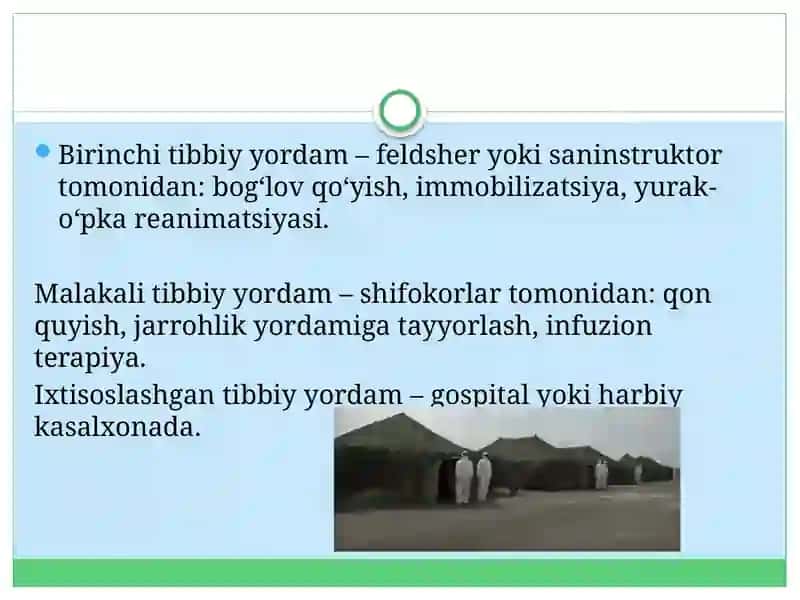 Harbiy dala sharoitlarida bemor va yaradorlarda shoshilinch terapevtik yordam koʼrsatishning printsiplari. Oʼtkir zaxarlanishla 3