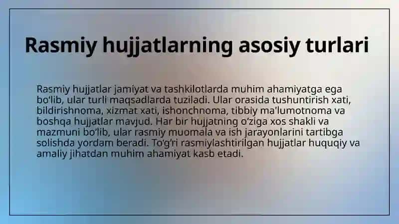 Tushuntirish xati, bildirishnoma va xizmat xatini yozish. Ishonchnoma, tibbiy ma'lumotnoma va boshqa hujjatlarni  rasmiylashtirish 3