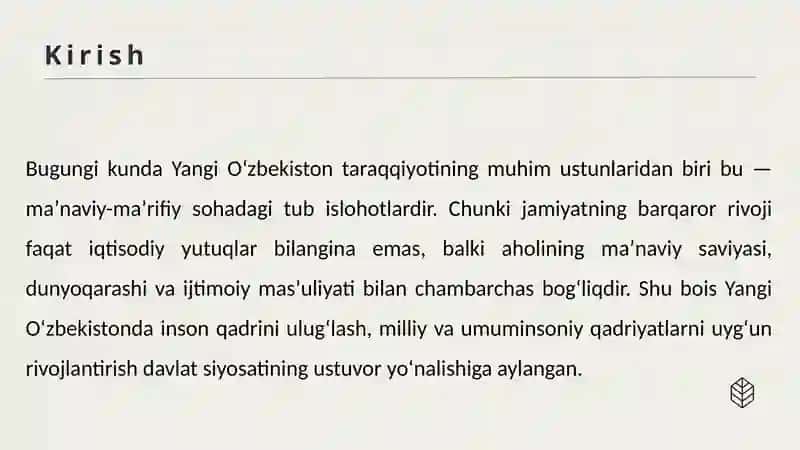Yangi Oʻzbekistonda maʼnaviy-maʼrifiy islohotlar va ularning jamiyat hayotidagi oʻrni 3