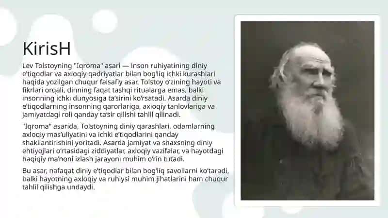 Lev Tolstoyning "Iqroma" asarida diniy e’tiqodlar tahlili. 3