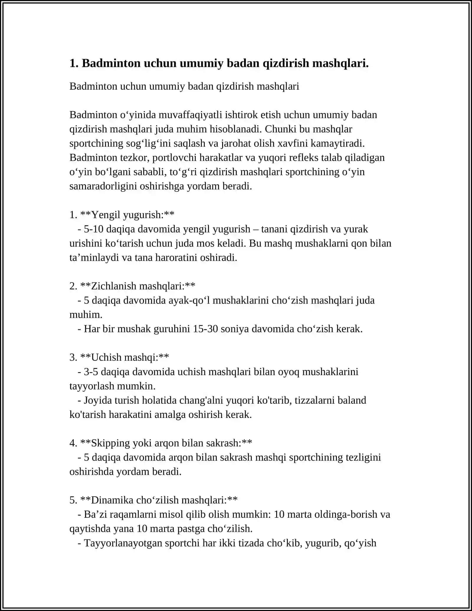 TANLANGAN SPORT TURI BO‘YICHA BADAN QIZDIRISH MASHQLARINI TUZISH (BADMINTON) 3