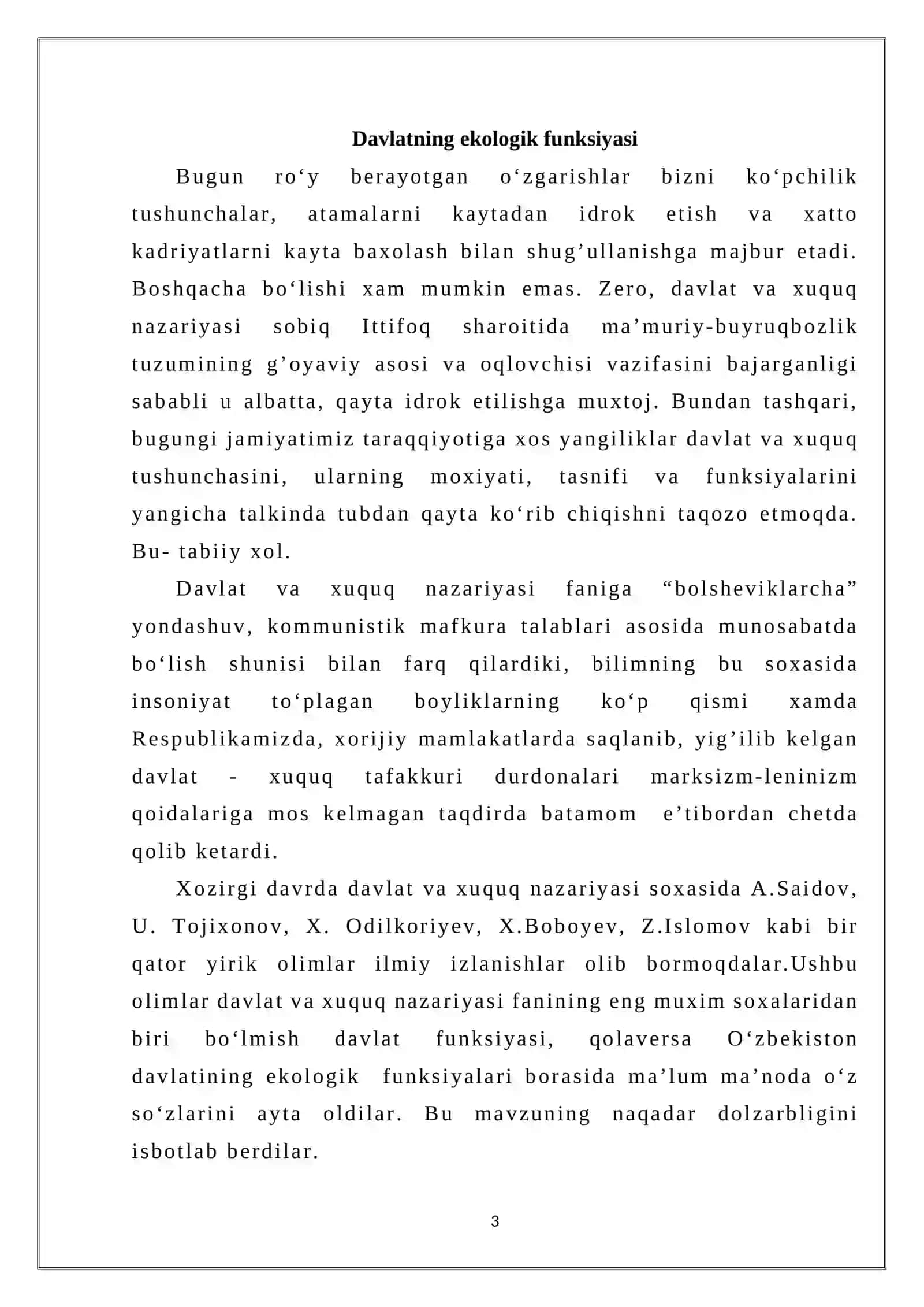 “DAVLATNING EKOLOGIK FUNKSIYASI” MAVZUSIDAGI KURS ISHI 3
