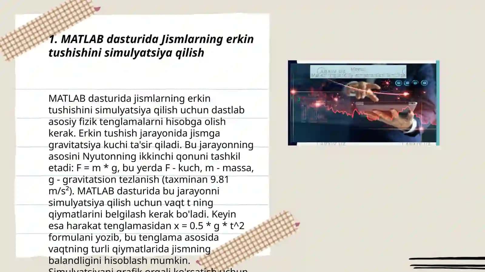 Jismlarning erkin tushishini Matlab muhitida modellashtirish 3