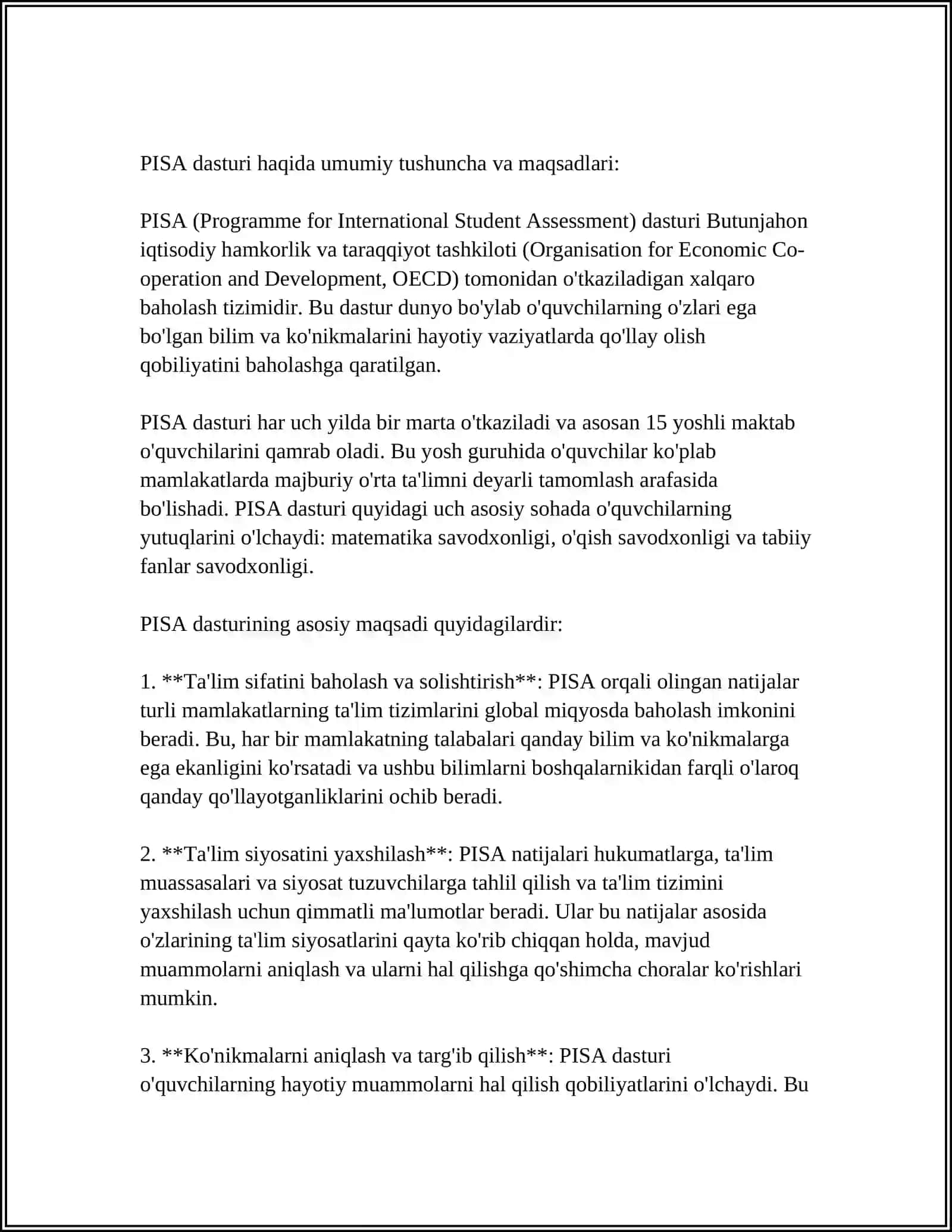 O'QUVCHILARNING MATEMATIK SAVODXONLIK DOIRASIDA AMALIY KO'NIKMALARNI,KREATIVLIKNI BAHOLASH VA RIVOJLANTIRISH. PISA XALQARO DASTURI MISOLIDA 3
