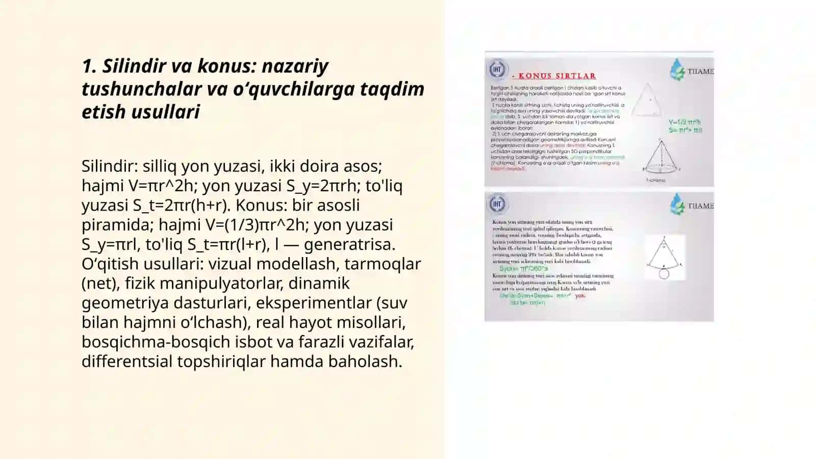 Geometriya kursida aylanma jismlar va ularning hajmini oʻqitish metodikasi silindir konus Tuxtayev Farxod 3