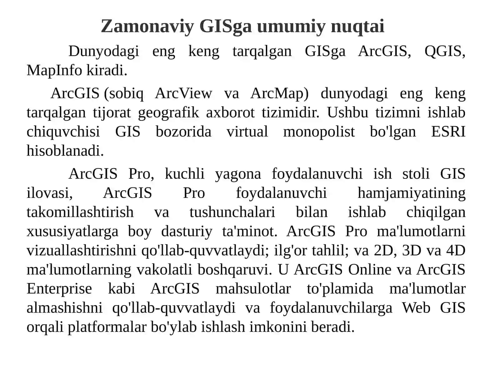 GIS dasturiy ta'minoti: mashhur platformalar haqida umumiy ma'lumot (ArcGIS, MapInfo, QGIS) 3