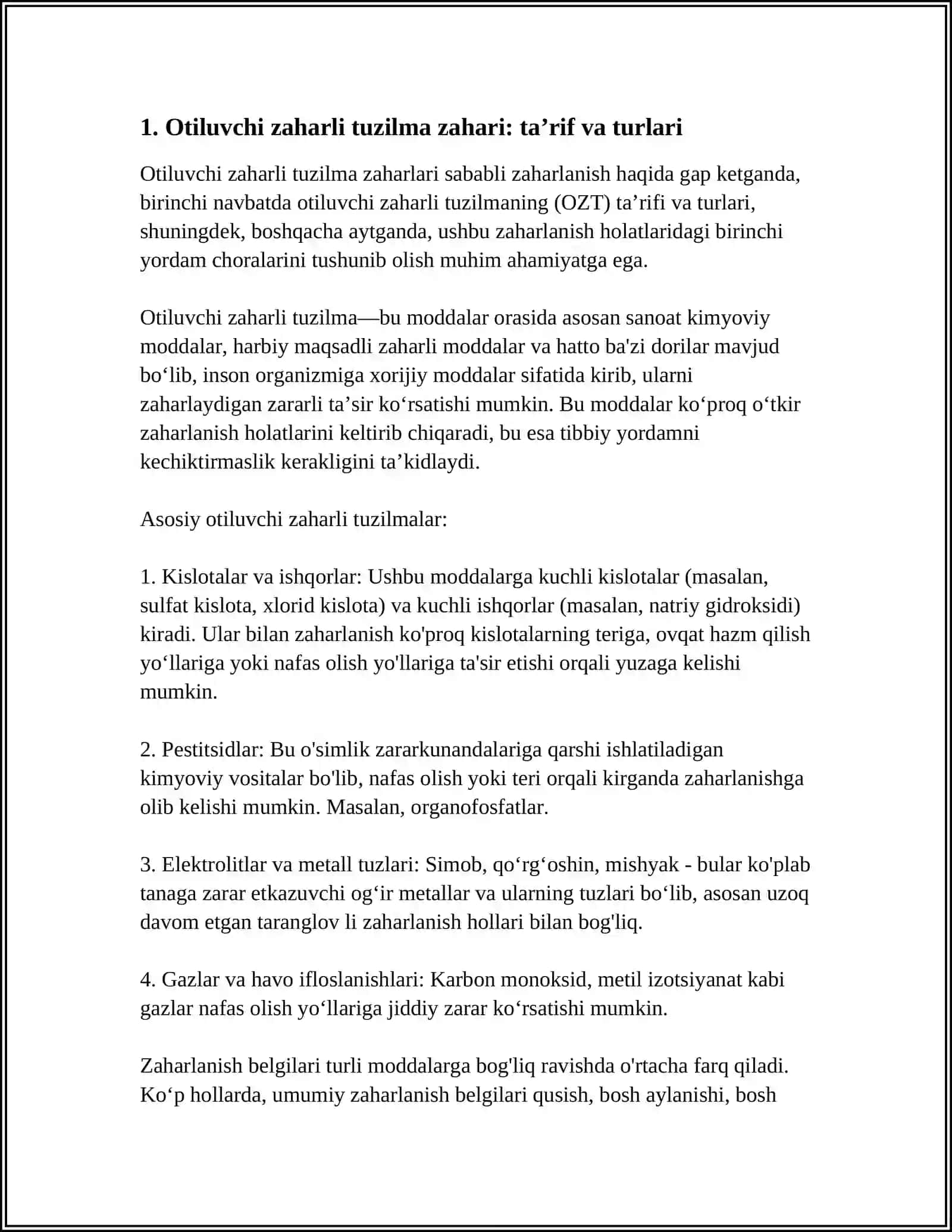 OTILUVCHI ZAHARLI TUZILMA ZAHARI BILAN ZAHARLANISH BELGILARI VA BU HOLATDA BIRINCHI YORDAMMI 3