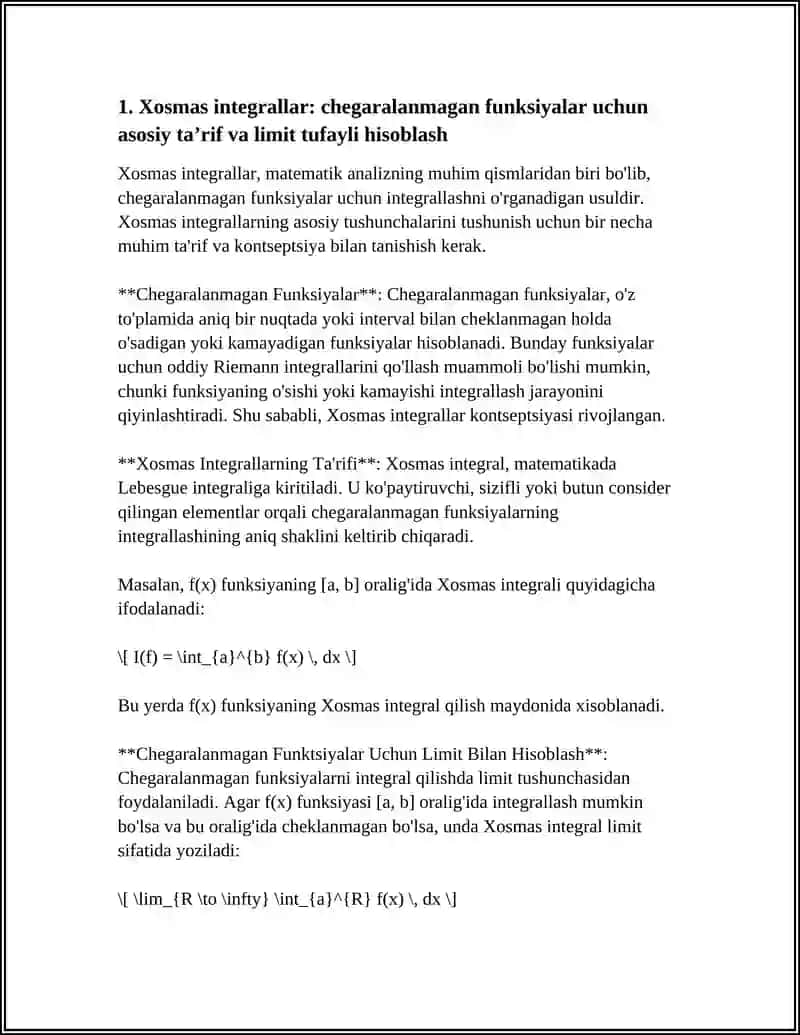 CHEGARALANMAGAN FUNKSIYALARNING XOSMAS INTEGRALLARNI HISOBLASH 3