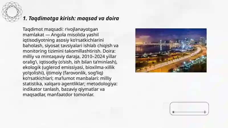 "rivojlanayotgan mamlakat — Angola misolida “yashil iqtisodiyot”ni baholashga doir asosiy ko‘rsatkichlar bo‘yicha taqdimot" 3