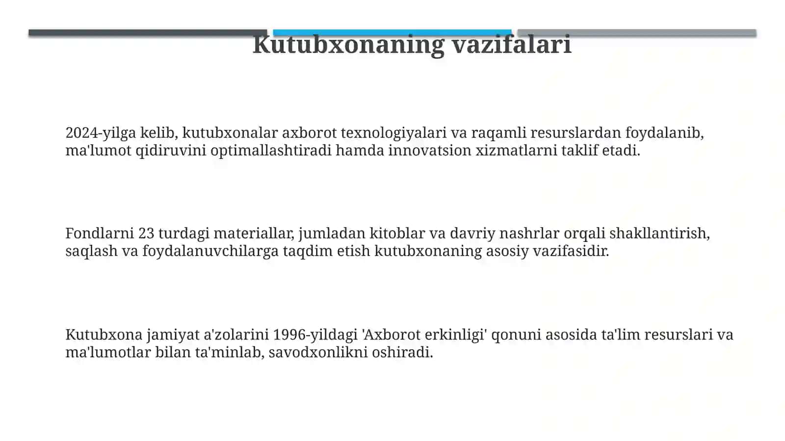 Kutubxonashunoslik faniga kirish.Kutubxonaning jamiyatdagi o‘rni vazifalari va maqsadi 3
