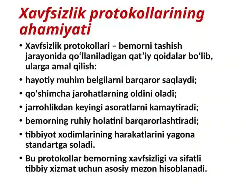 TRANSPORT VA BEMORNI UZATISH JARAYONLARIDA XAVFSIZLIK PROTOKOLLARI 3