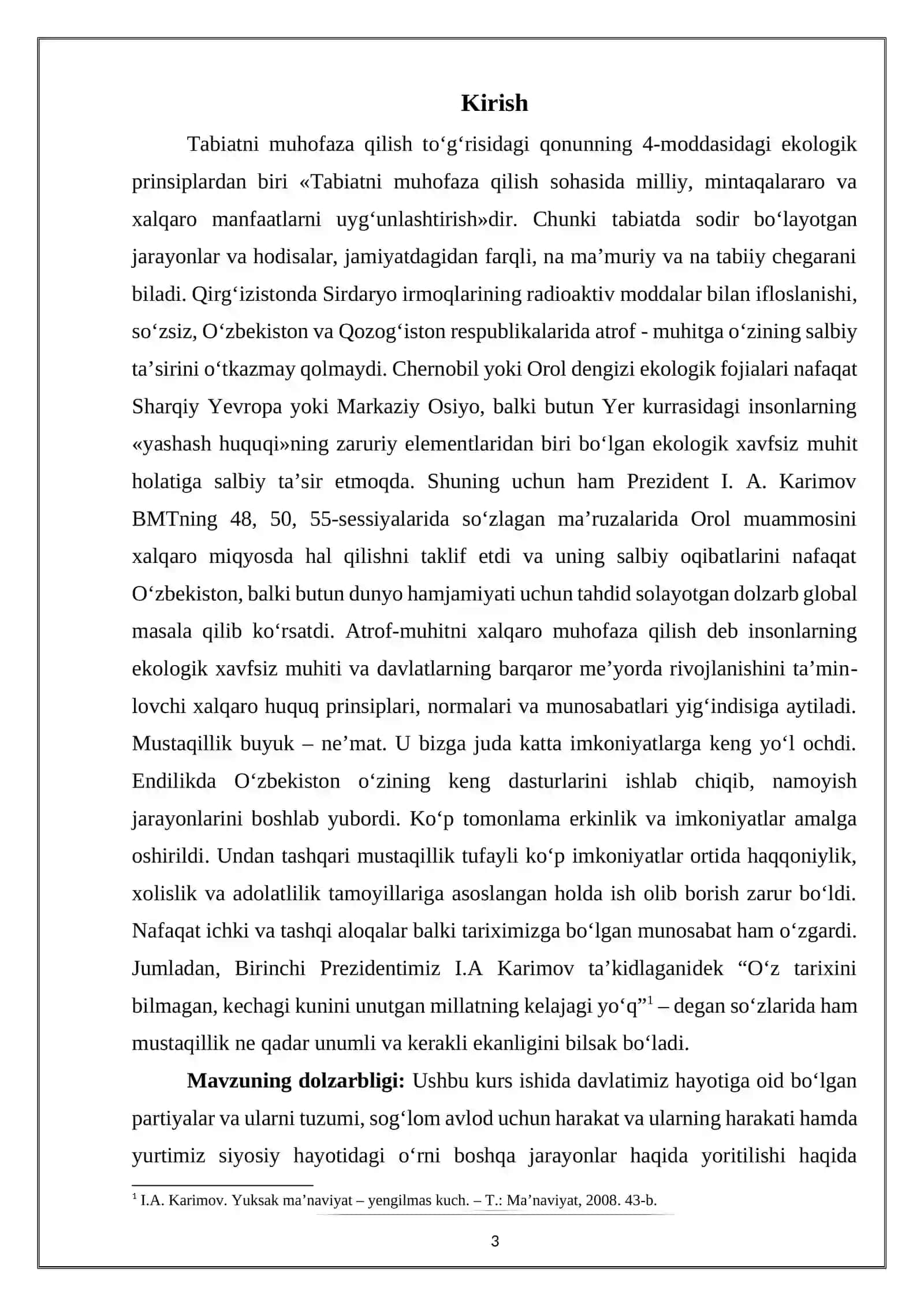 “O‘ZBEKISTONDA ATROF-MUHITNI MUHOFAZA QILISH VA SOG‘LOMLASHTIRISH YO‘LIDAGI IJTIMOIY-SIYOSIY JARAYONLAR TARIXI” MAVZUSIDAGI KURS ISHI 3