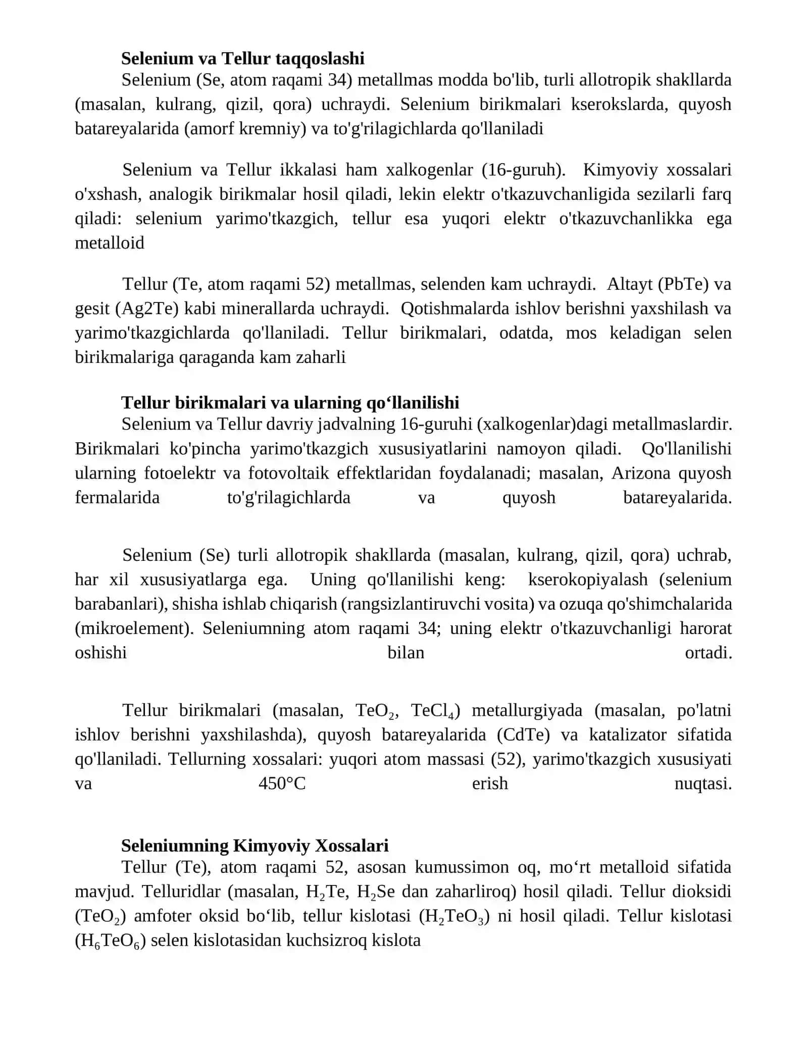 Selen tellur va ular birikmalarining xossalari 3