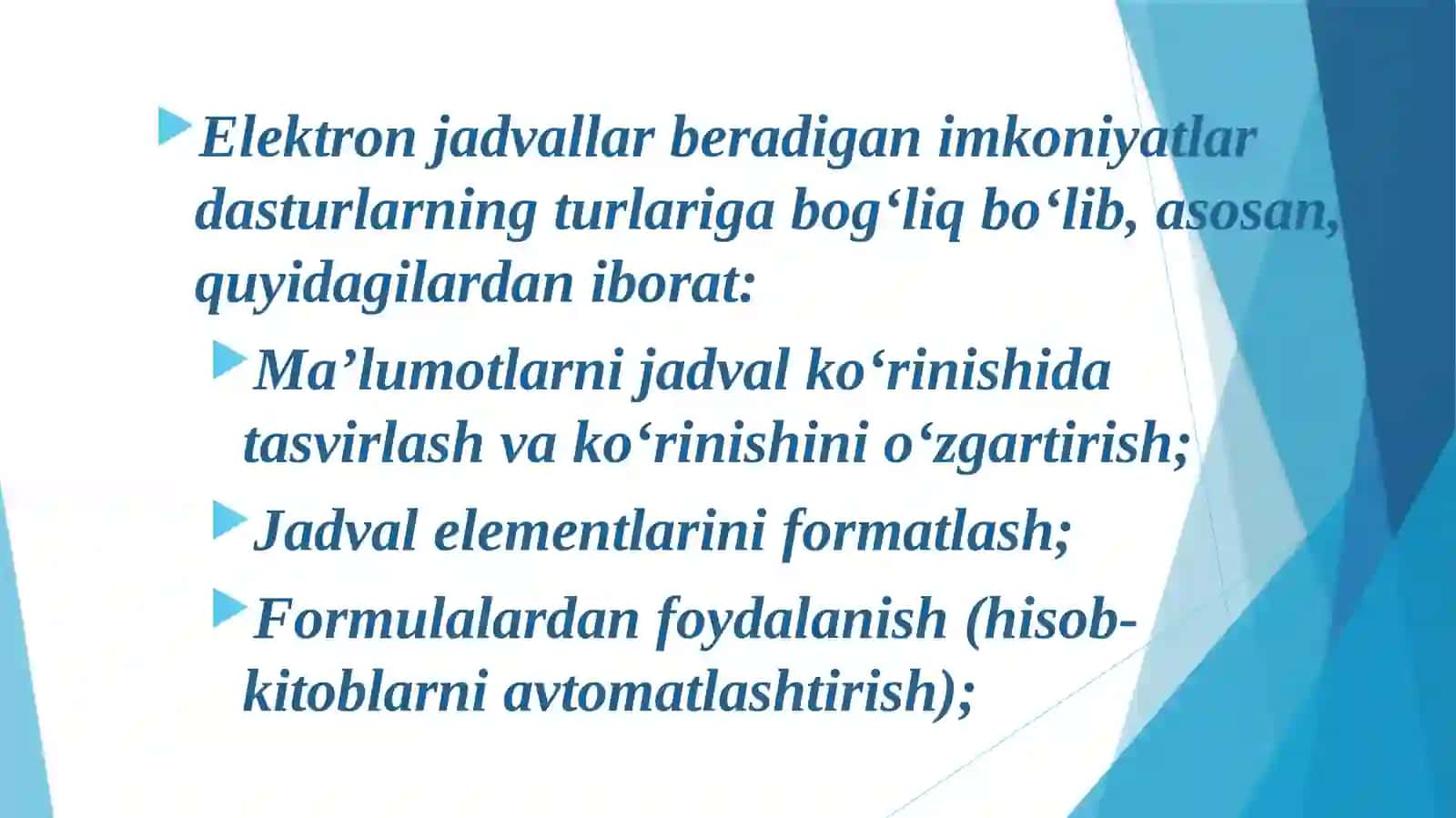 Elektron jadvalning vazifalari va imkoniyatlari ochiq dars 3